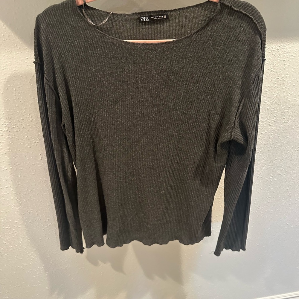 Zara Charcoal Ribbed Knit Long Sleeve Top
